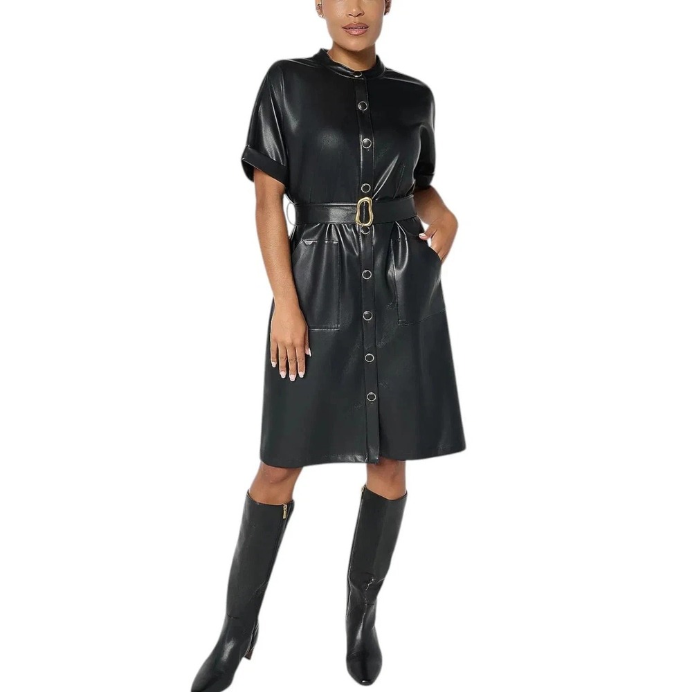 Susan Graver Women's Faux Leather Button Front Dress Black Sz MP NWOT - Citycore